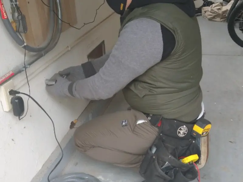 Electrician performing outlet wiring in a Piggott garage